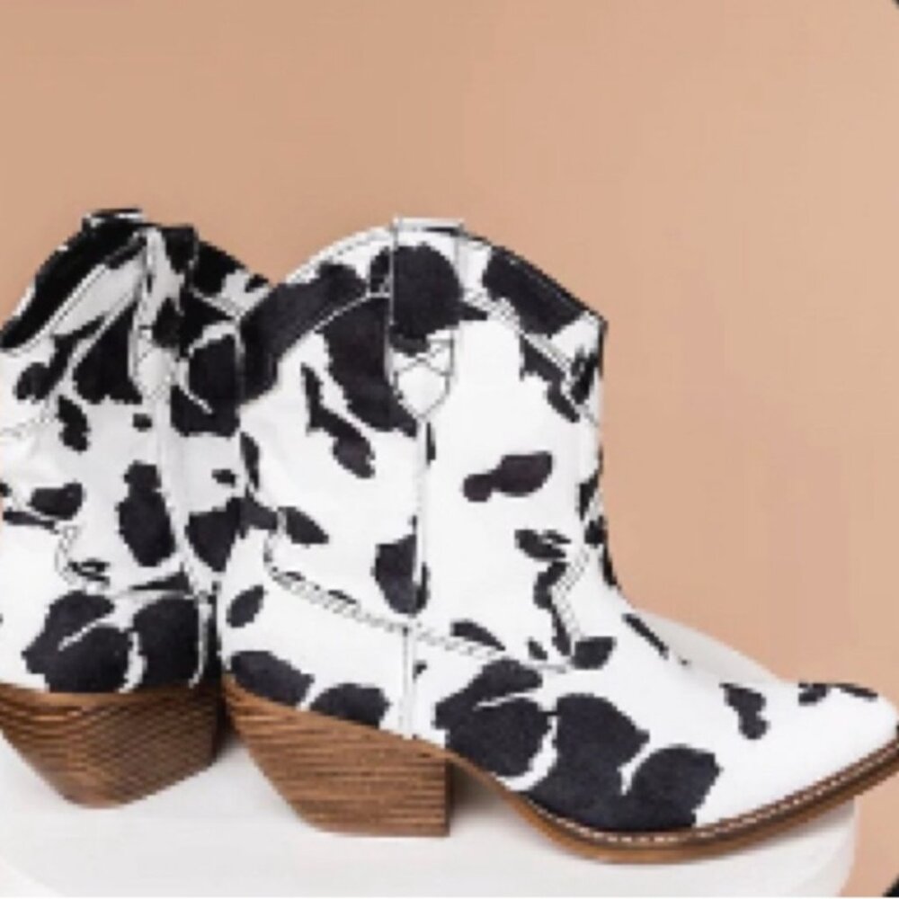 Dressed in LALA Black and White Cow Print Ankle Boots